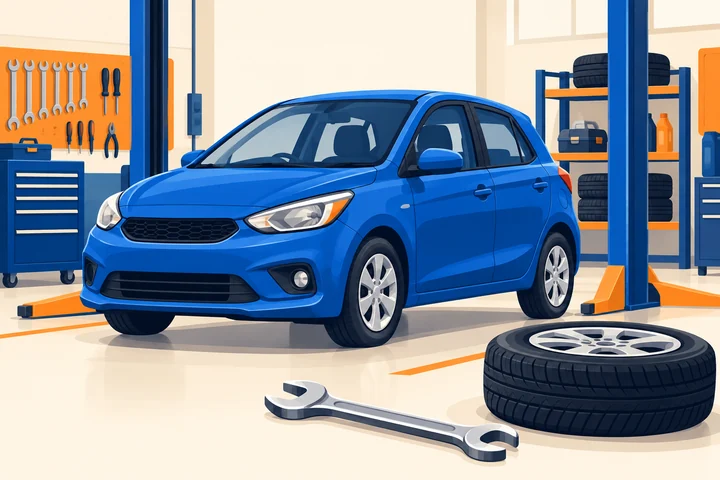 Blue car in a workshop with a wheel and tools