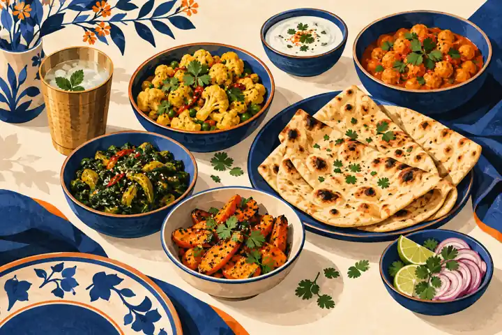 Vegetable dishes and flatbread in ceramic bowls