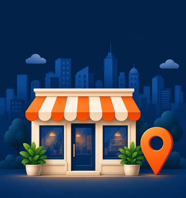A local storefront with an orange location pin