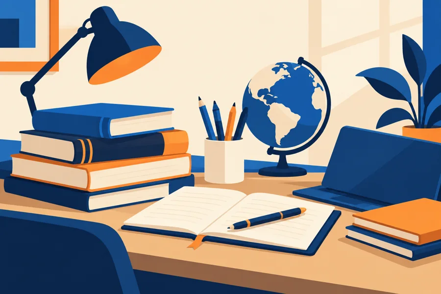 Books, notebook, globe and laptop on a study desk