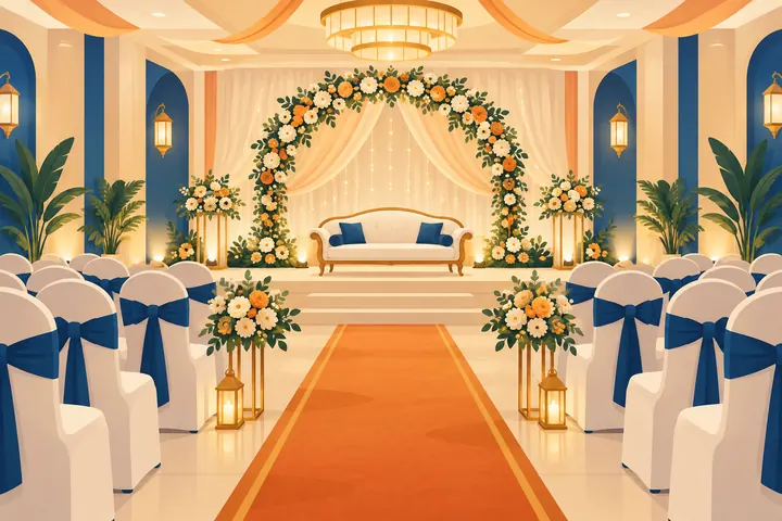 Floral arch and banquet seating at a celebration venue