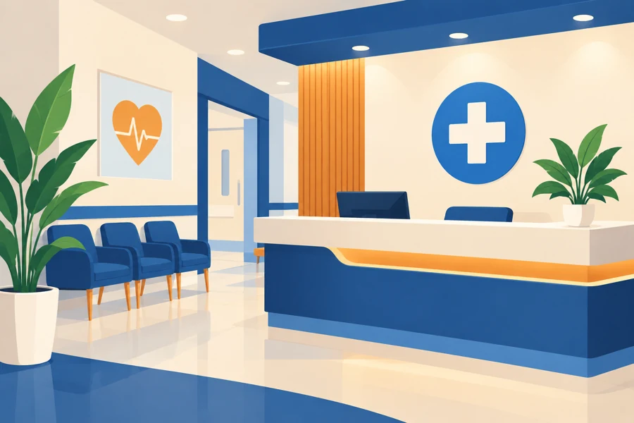Healthcare reception with chairs and a plant