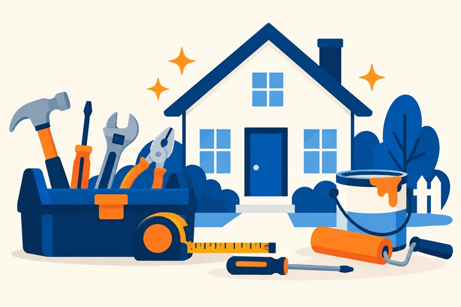 House outline with tools and paint supplies