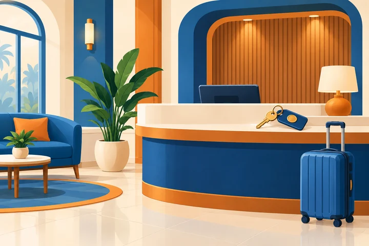 Hotel reception with luggage and a room key