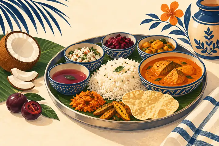 Rice, curries, coconut and kokum on a serving platter