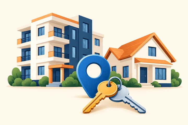 Residential buildings with keys and a location pin