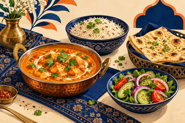 Curry, rice, salad and flatbread on a table