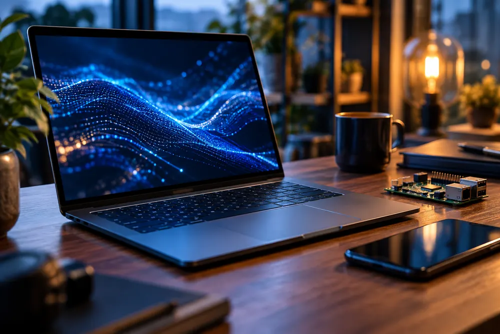 Laptop, smartphone and circuit board on a desk