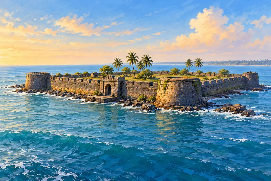 Arnala sea fort, with low stone walls and bastions on a coastal island
