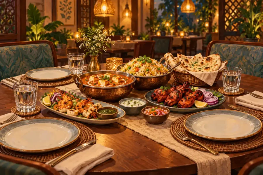 restaurant table set for four with paneer curry, rice, naan, chicken and seafood
