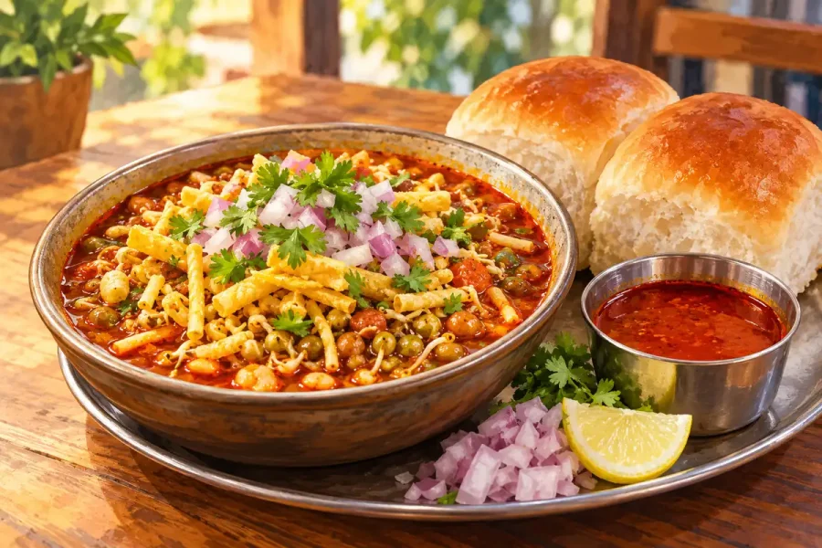 misal pav with farsan, onions, lemon and a steel cup of tarri on a wooden table
