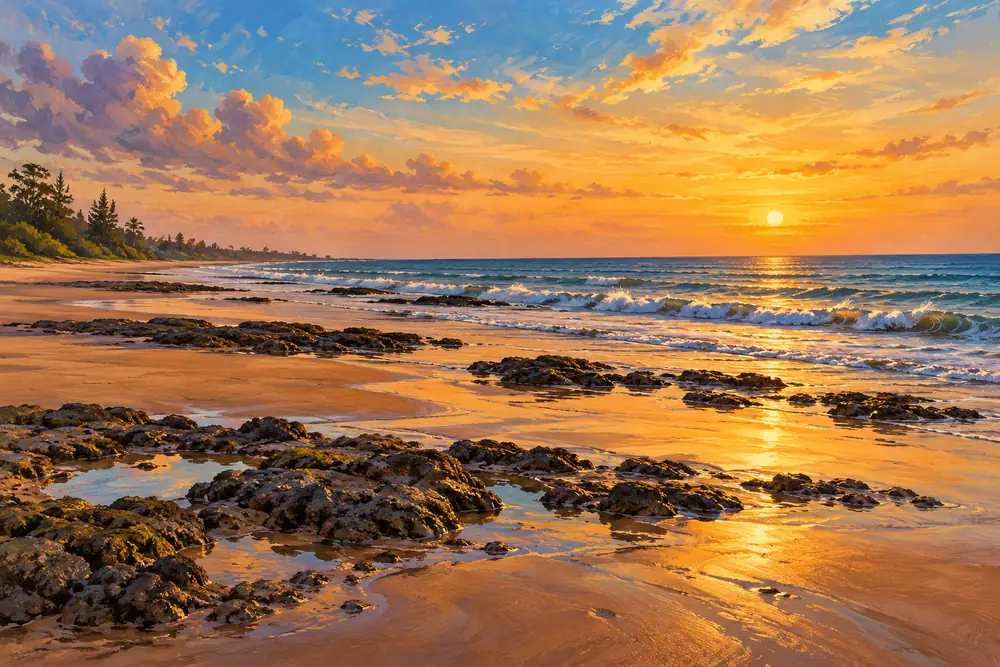 Bhuigaon Beach, showing sandy shore, low rocky patches and evening sea light