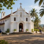 White church with a cross and visitors in a shaded courtyard