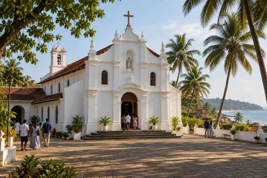 White church with a cross and visitors in a shaded courtyard