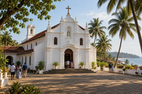 White church with a cross and visitors in a shaded courtyard