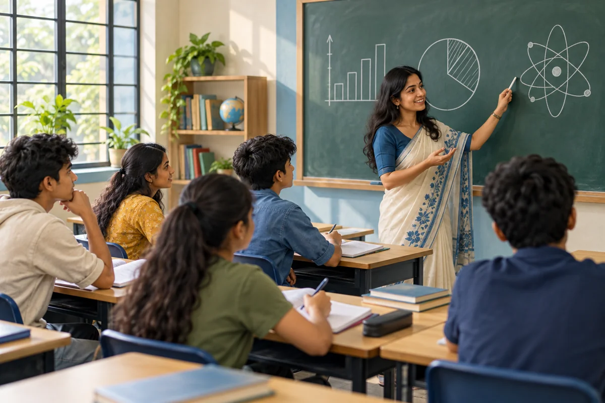 Teacher explaining diagrams to students in a tuition classroom