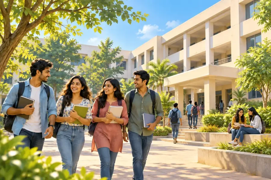 Students carrying notebooks through a tree-lined college courtyard