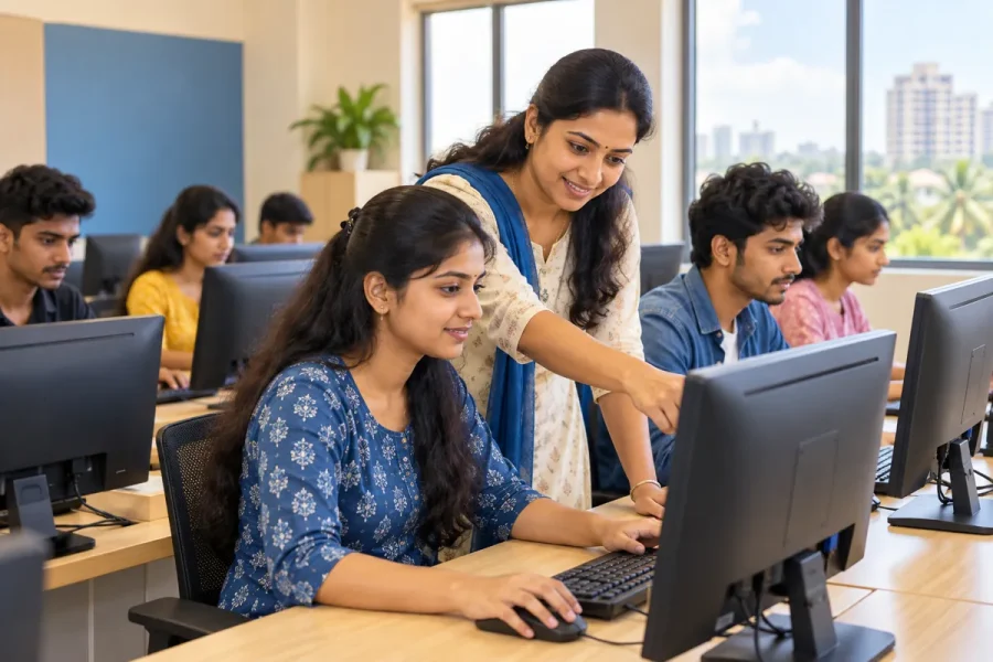 Students practising computer skills in a classroom with a teacher