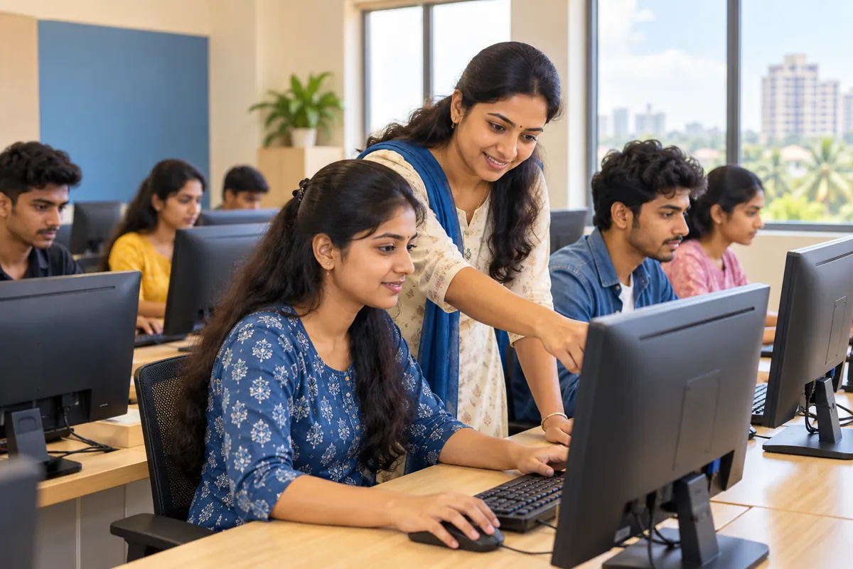 Students practising computer skills in a classroom with a teacher