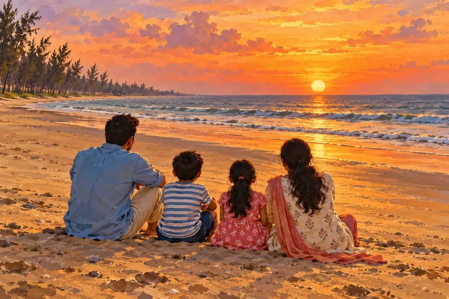 Family seated together on a sandy beach looking towards the sea