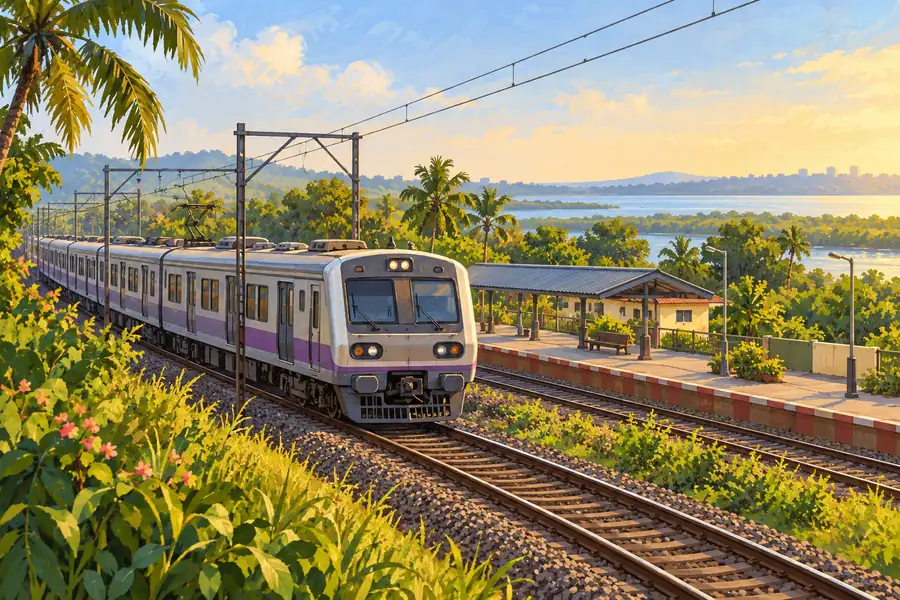 Suburban local train in a green coastal setting, representing a journey to Vasai