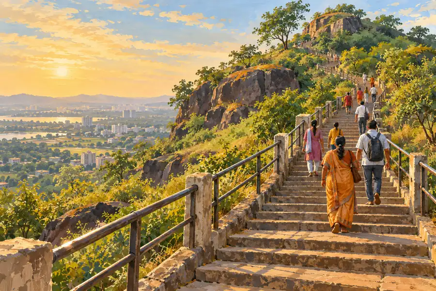 Jivdani pilgrimage, with devotees on a stair path ascending a green hill