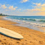 Rajodi Beach, with a surfboard on dry sand beside the Arabian Sea