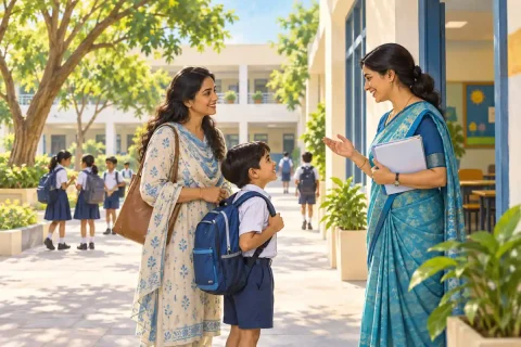 Parent and schoolchild speaking with a teacher beside a classroom