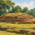 Sopara stupa remains, showing a low circular brick mound in green heritage grounds