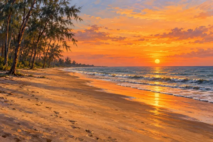 Suruchi Beach, with a sandy shoreline, casuarina trees and an orange sunset