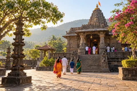 Visitors approaching a stone temple through a tree-lined courtyard