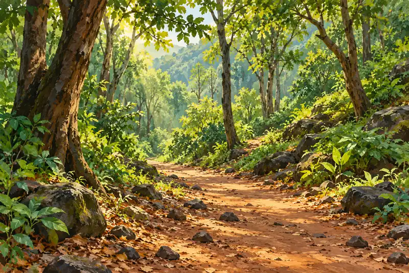 Tungareshwar, with an earthen walking path beneath a green forest canopy