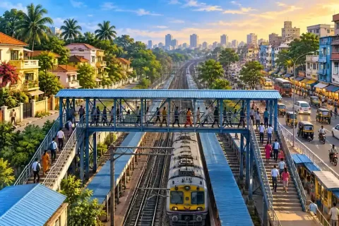 Suburban railway footbridge above tracks between urban neighbourhoods