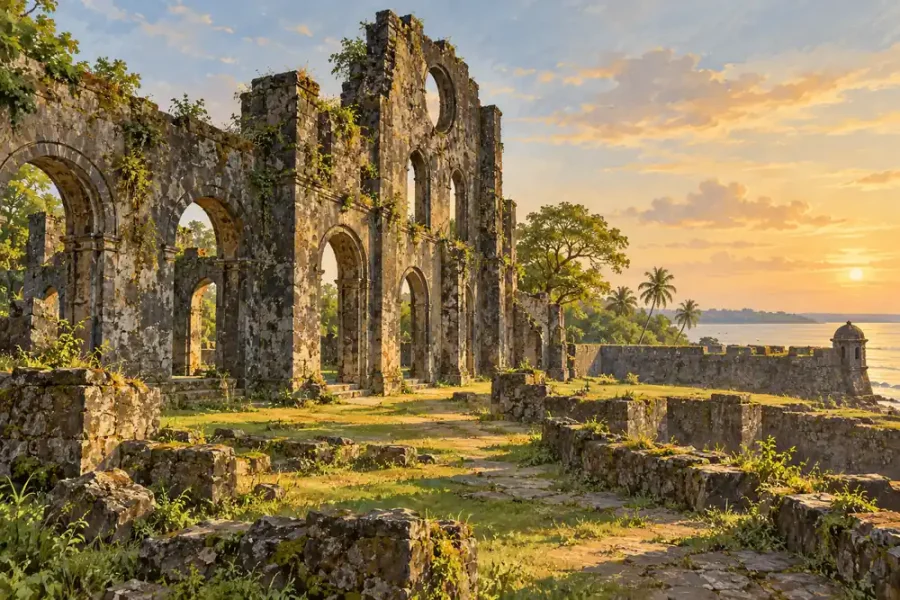 Vasai Fort, with weathered stone church arches and coastal walls in warm light