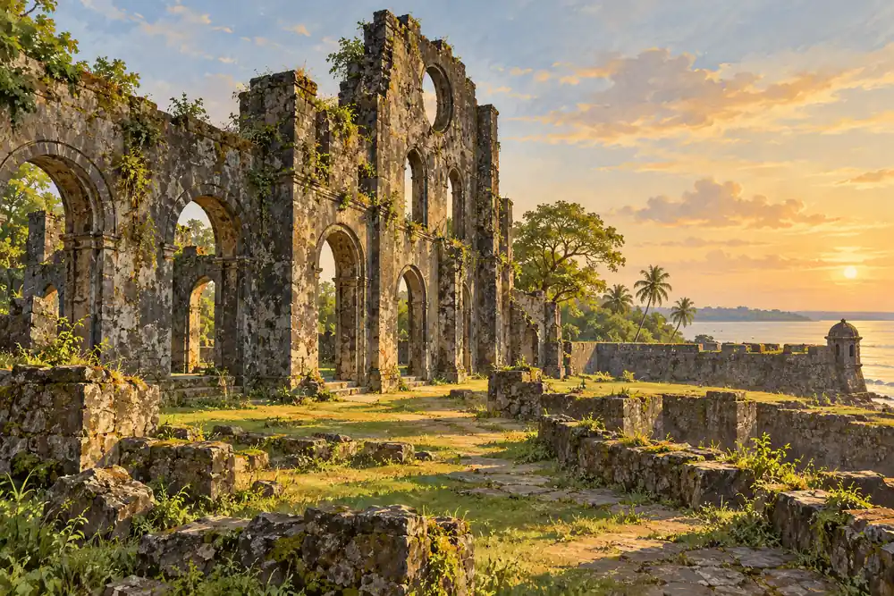 Vasai Fort, with weathered stone church arches and coastal walls in warm light