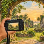 Hands holding a camera that frames stone ruins and palm trees