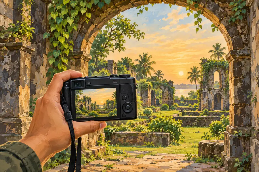 Hands holding a camera that frames stone ruins and palm trees