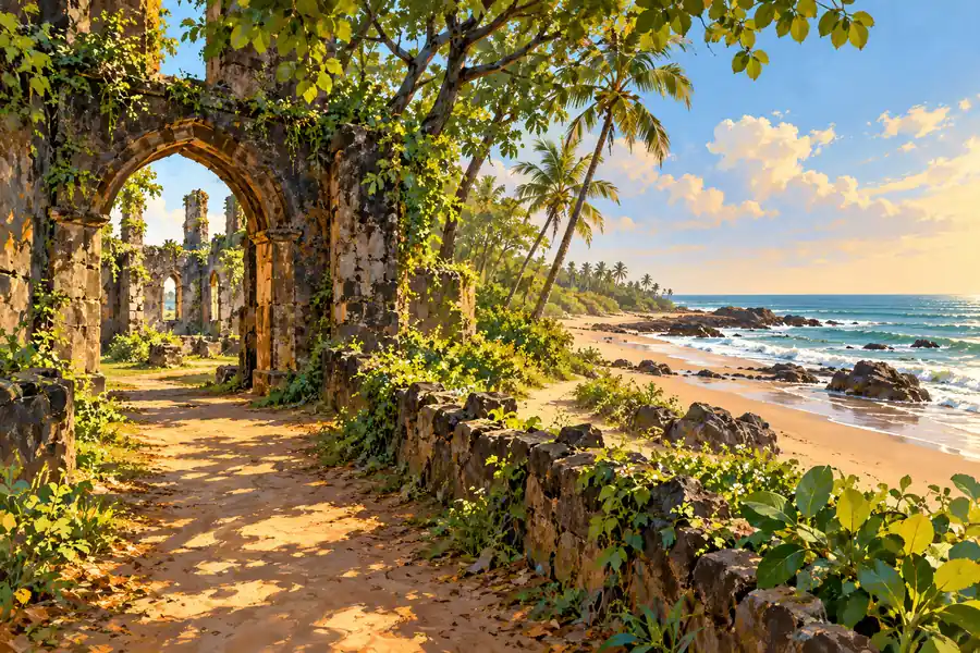 Stone arch and leafy ruins overlooking a palm-lined coast