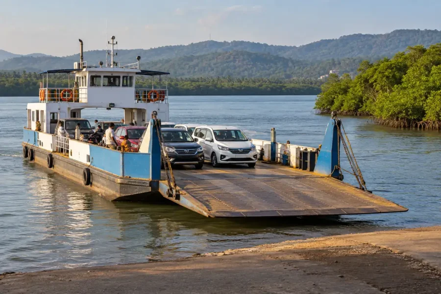 Car ferry beside a river landing and mangrove shoreline