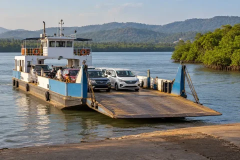 Car ferry beside a river landing and mangrove shoreline
