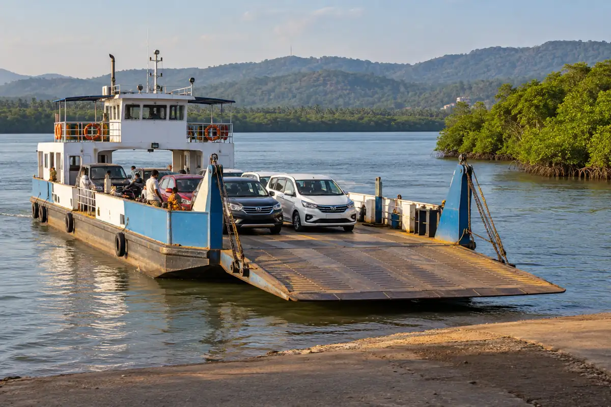 Car ferry beside a river landing and mangrove shoreline