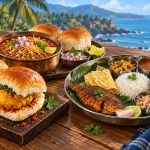 Vada pav with garlic chutney and fried green chillies on a plate