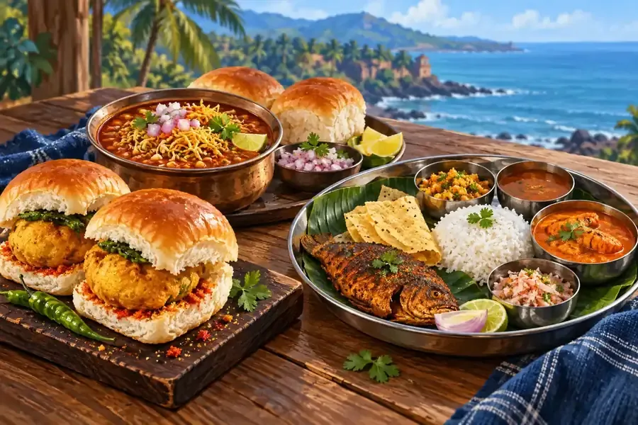 Vada pav with garlic chutney and fried green chillies on a plate